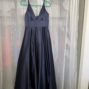 JJs House Navy Satin V-Neck Prom Gown